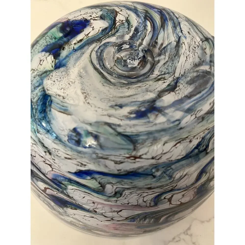 Murano Style Bowl Hand Blown Art Glass Cobalt Blue Swirl 8x6